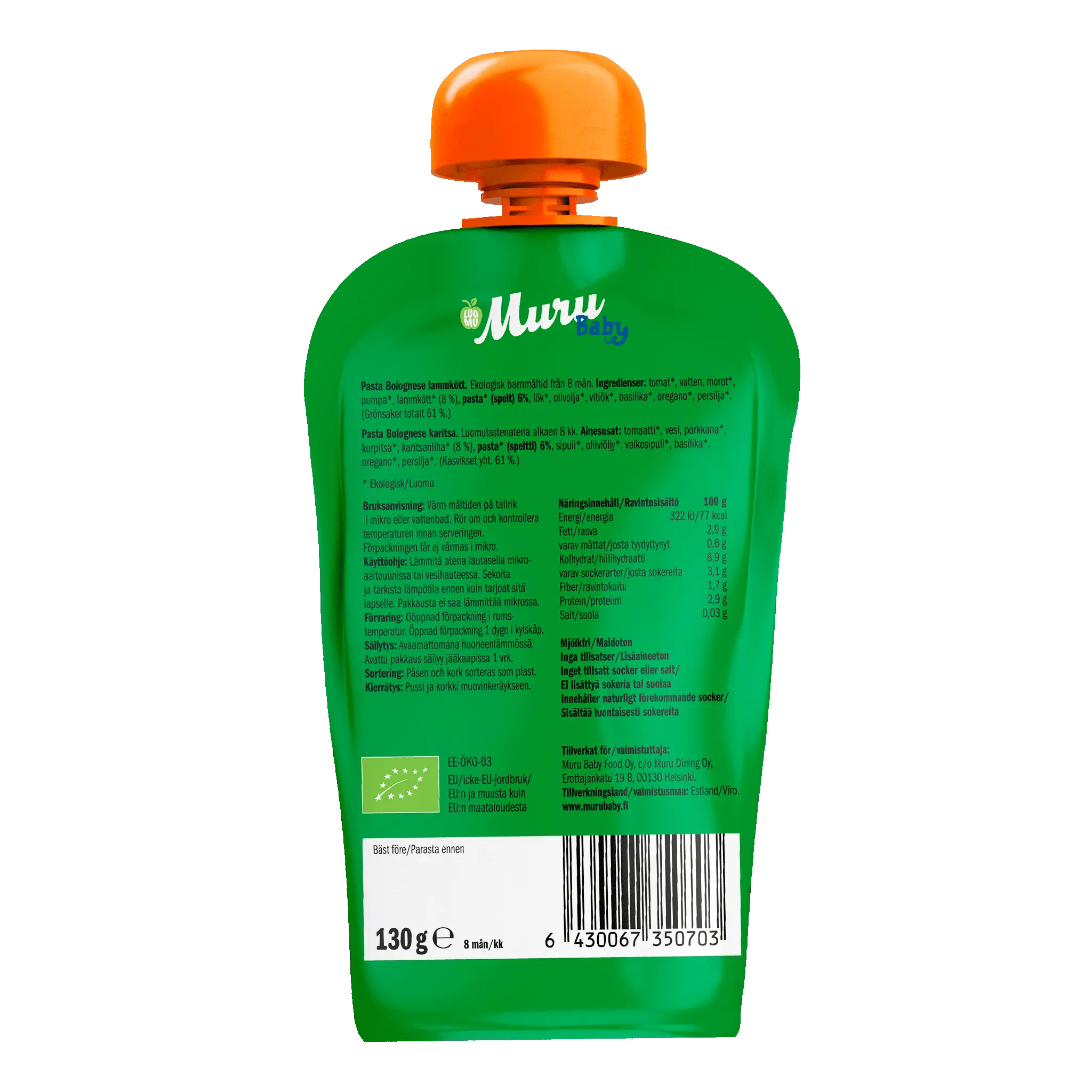 Pasta bolognese alk. 8kk | (6 x 130g) - Muru Baby Verkkokauppa